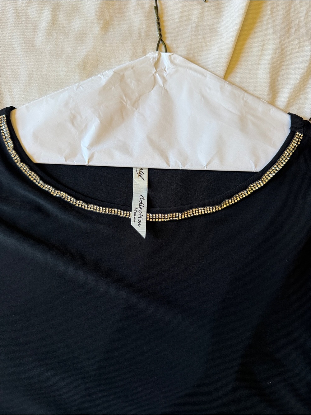 NY Collection Black Top with Gold Beaded Neckline
